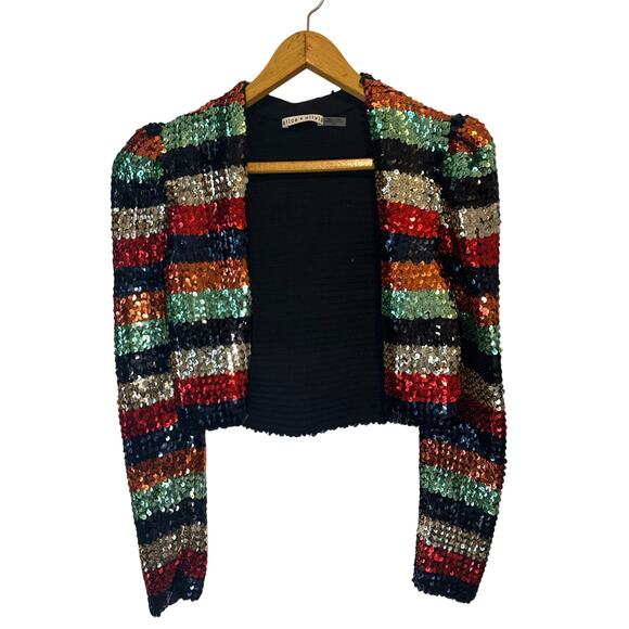 Alice + Olivia Sequin Stripe Sherryl Cropped Cardigan Size M Open Front Sparkle - Picture 4 of 12